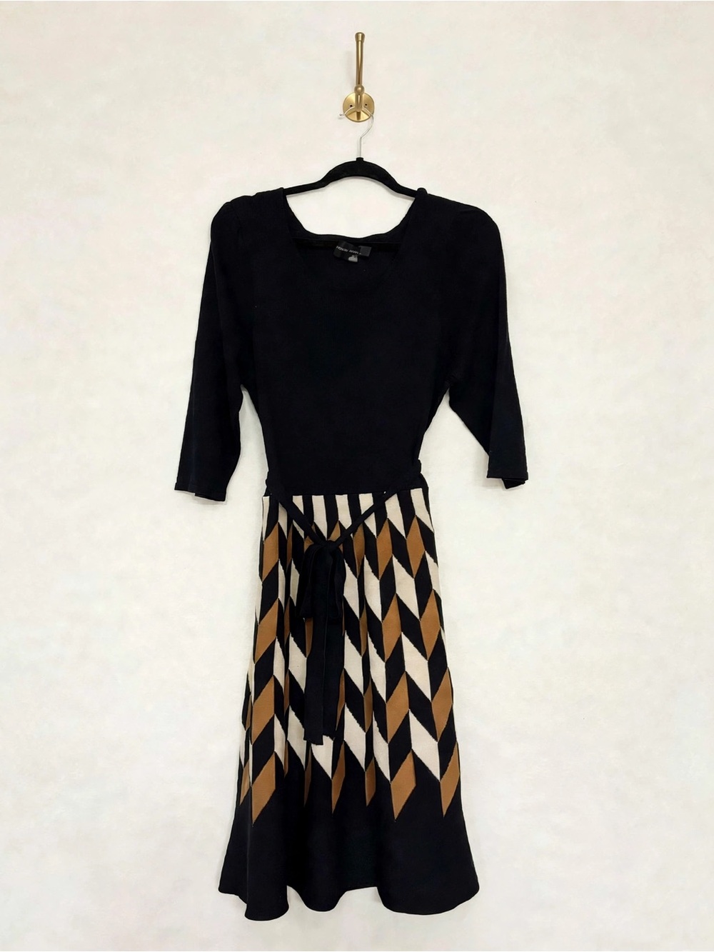 Maison Tara XL Black Camel Argyle Geometric Knit Fit & Flare Dress